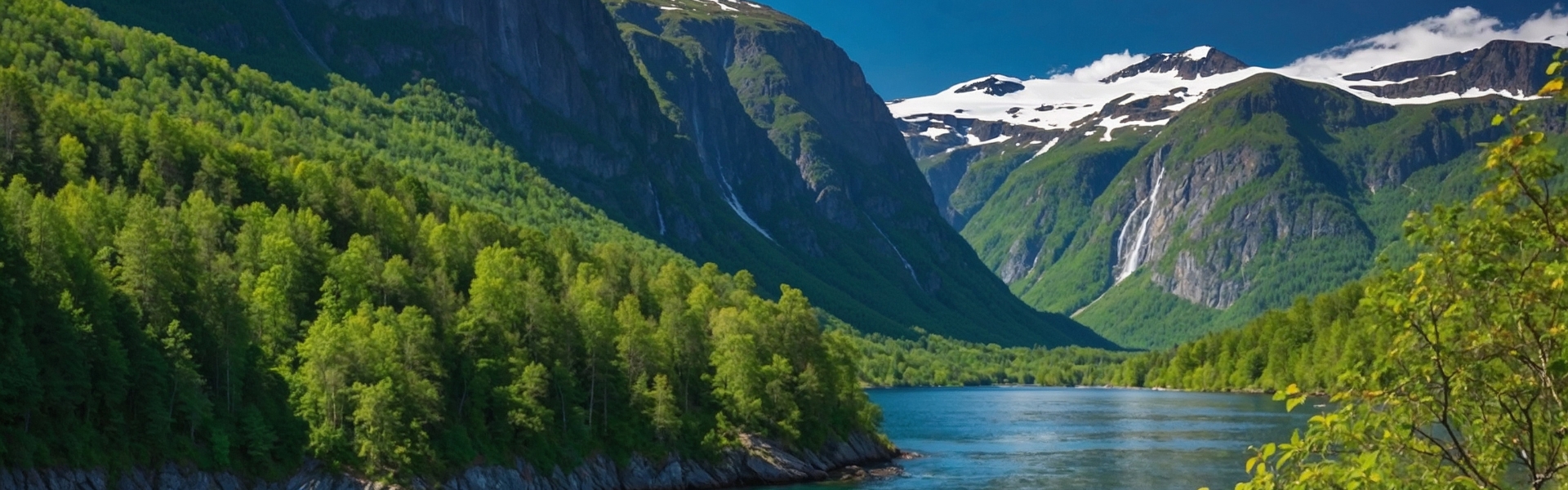 Fjord-Landschaft mit Bergen, Wasser und Bäumen