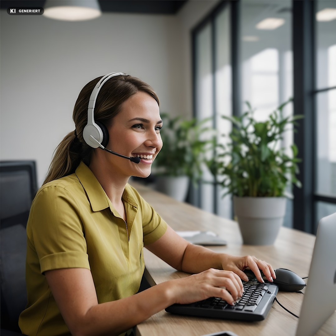 gut-und-gruen-kundenservice-kontakt-teaser-mitarbeiterin-call-center - 1 Frau mit Headset am Arbeitsplatz im Kundenservice (Bild KI-generiert)
